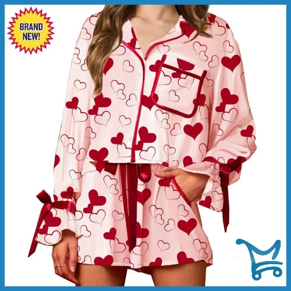Satin Silk Pajama Set Long Sleeve Shorts Bow Heart Print Lounge Sleepwear